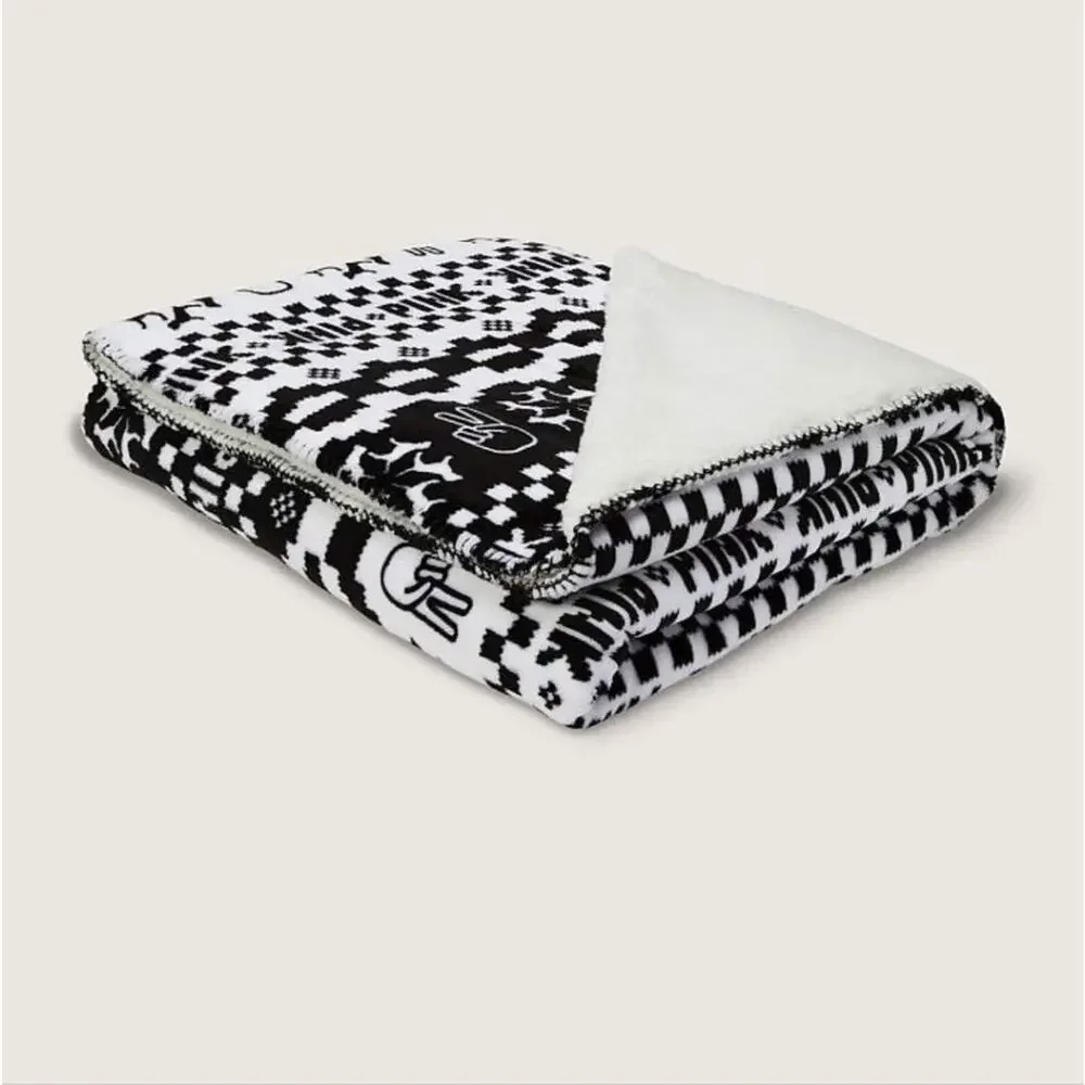 Victoria's Secret PINK Black And White Sherpa Peace Blanket NWT